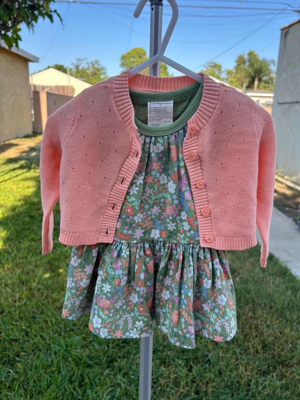 First Impressions Pink Cardigan with Green Floral Dress Set